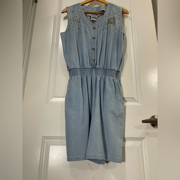 Vintage SPOTLIGHT Denim Romper size L with Pockets Bejewelled Sun and Moon - Picture 2 of 11